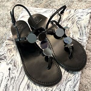 Tory Burch Patos Disk Sandals Heels Black Silver Coin